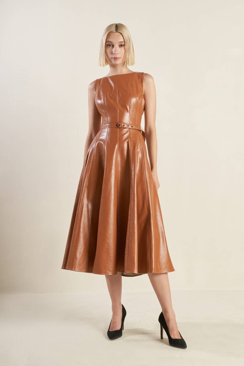 LUNAR SYMPHONY FAUX LEATHER MIDI DRESS Flying Tomato